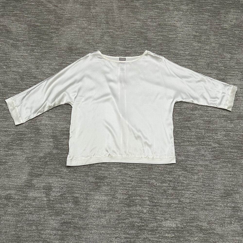 Chico's Silk Front Shirt Womens Medium White 3/4 Dolman Sleeve Knit Top Relaxed